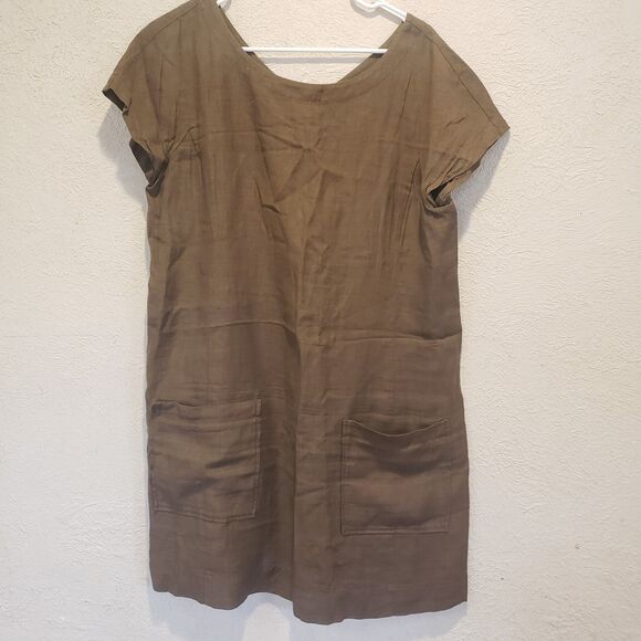 Eileen Fisher Linen Tencel Blend Short Sleeve Pocket Dress Medium Brown Zip - Picture 4 of 14